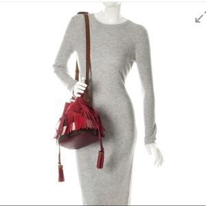Burberry Belgrove Red Fringe Suede‎ Leather Nova Check Bucket Bag Crossbody